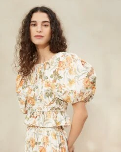 Loeffler Randall Anna Floral Puff-Sleeve Peplum Top