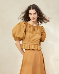 Loeffler Randall Anna Cigar Puff-Sleeve Peplum Top