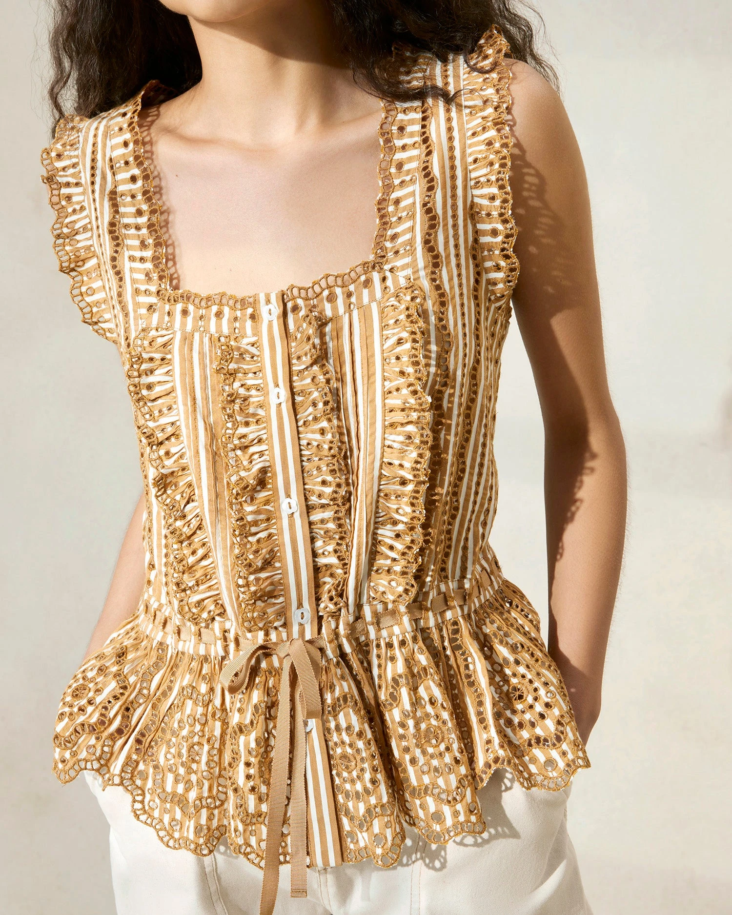 Loeffler Randall Arden Brown Striped Scalloped Blouse 4 Loeffler Randall Arden Brown Striped Scalloped Blouse - Image 2