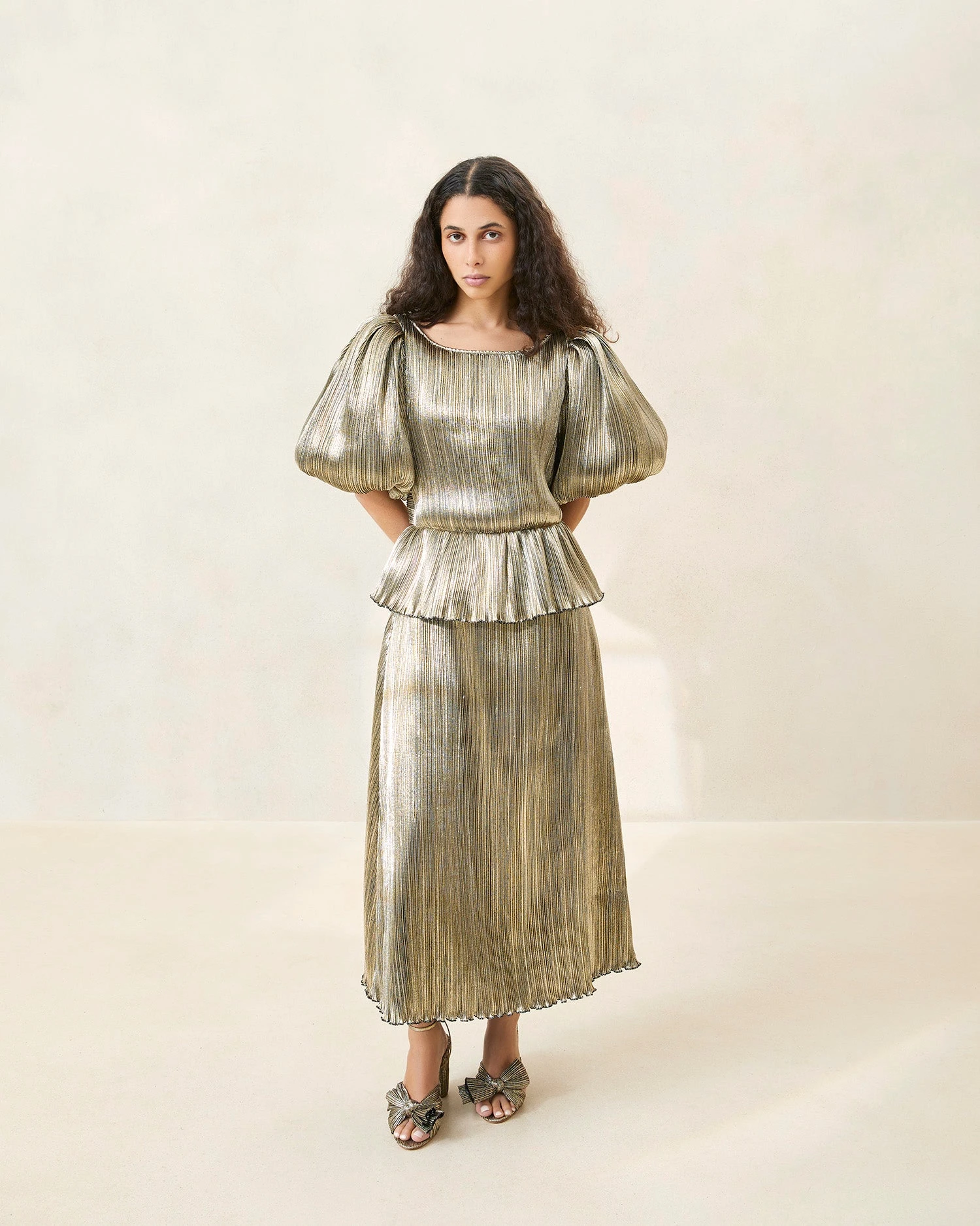 Loeffler Randall Dorit Gold Puff-Sleeve Pleated Dress 3 Loeffler Randall Dorit Gold Puff-Sleeve Pleated Dress
