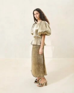 Loeffler Randall Dorit Gold Puff-Sleeve Pleated Dress 11 Loeffler Randall Dorit Gold Puff-Sleeve Pleated Dress -Loeffler Randall DORIT PLFM CHAMP 028copy