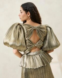 Loeffler Randall Dorit Gold Puff-Sleeve Pleated Dress 10 Loeffler Randall Dorit Gold Puff-Sleeve Pleated Dress -Loeffler Randall DORIT PLFM CHAMP 106copy