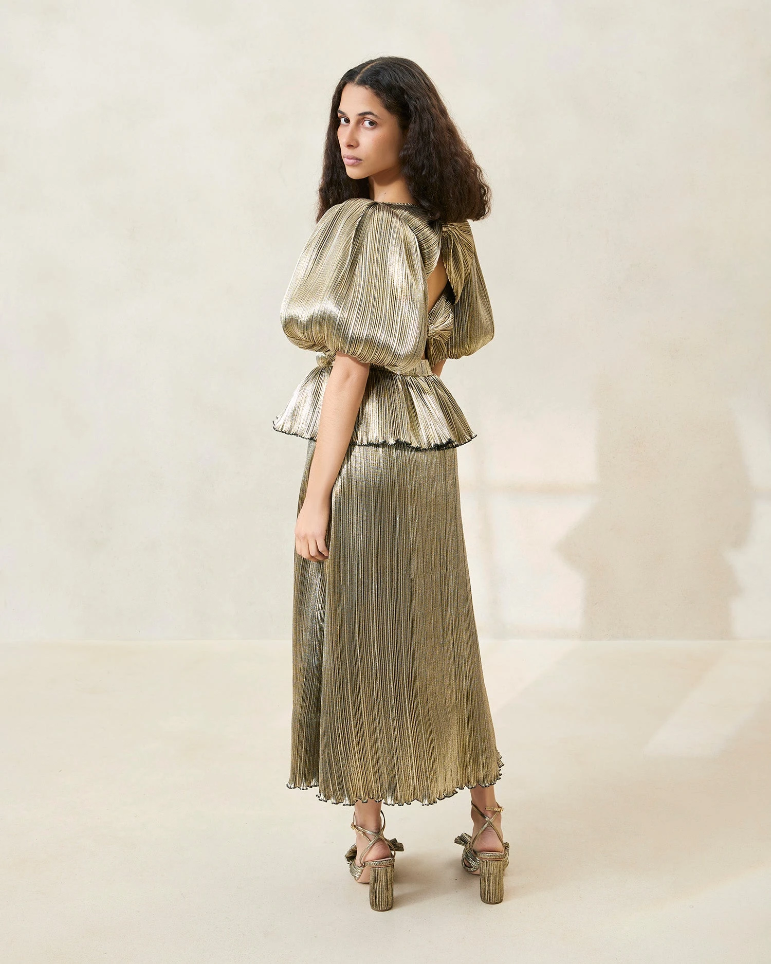 Loeffler Randall Dorit Gold Puff-Sleeve Pleated Dress 4 Loeffler Randall Dorit Gold Puff-Sleeve Pleated Dress - Image 2