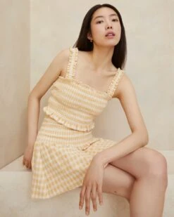 Loeffler Randall Fiona Tan Gingham Smocked Camisole 7 Loeffler Randall Fiona Tan Gingham Smocked Camisole -Loeffler Randall FIONA TERR TANGI 1
