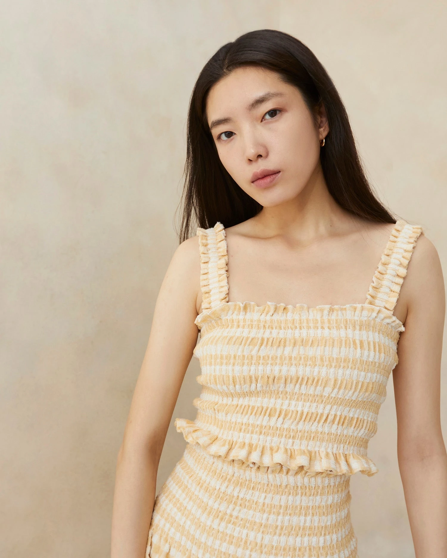 Loeffler Randall Fiona Tan Gingham Smocked Camisole 3 Loeffler Randall Fiona Tan Gingham Smocked Camisole