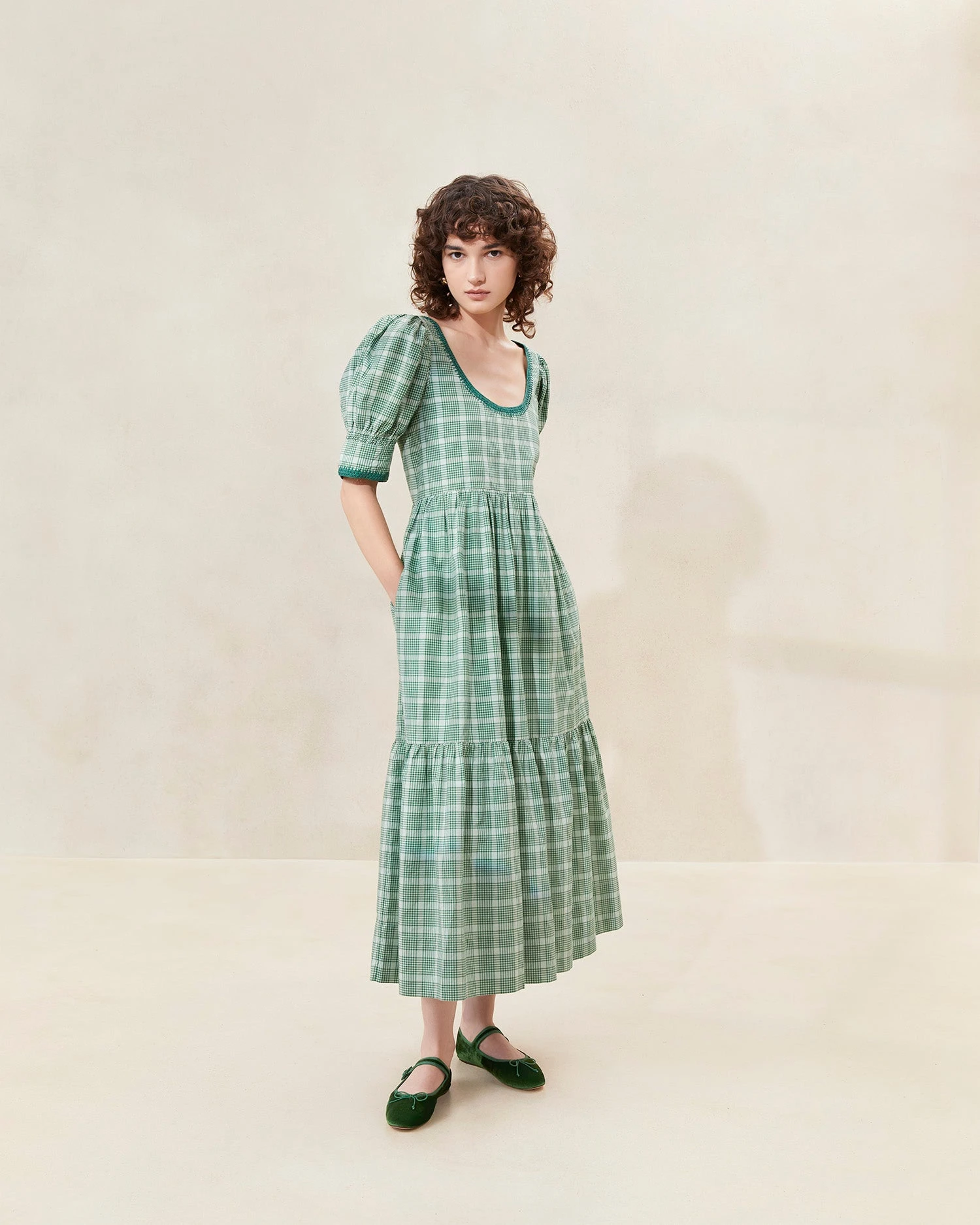 Loeffler Randall Gillian Plaid Puff-Sleeve Tiered Dress 3 Loeffler Randall Gillian Plaid Puff-Sleeve Tiered Dress