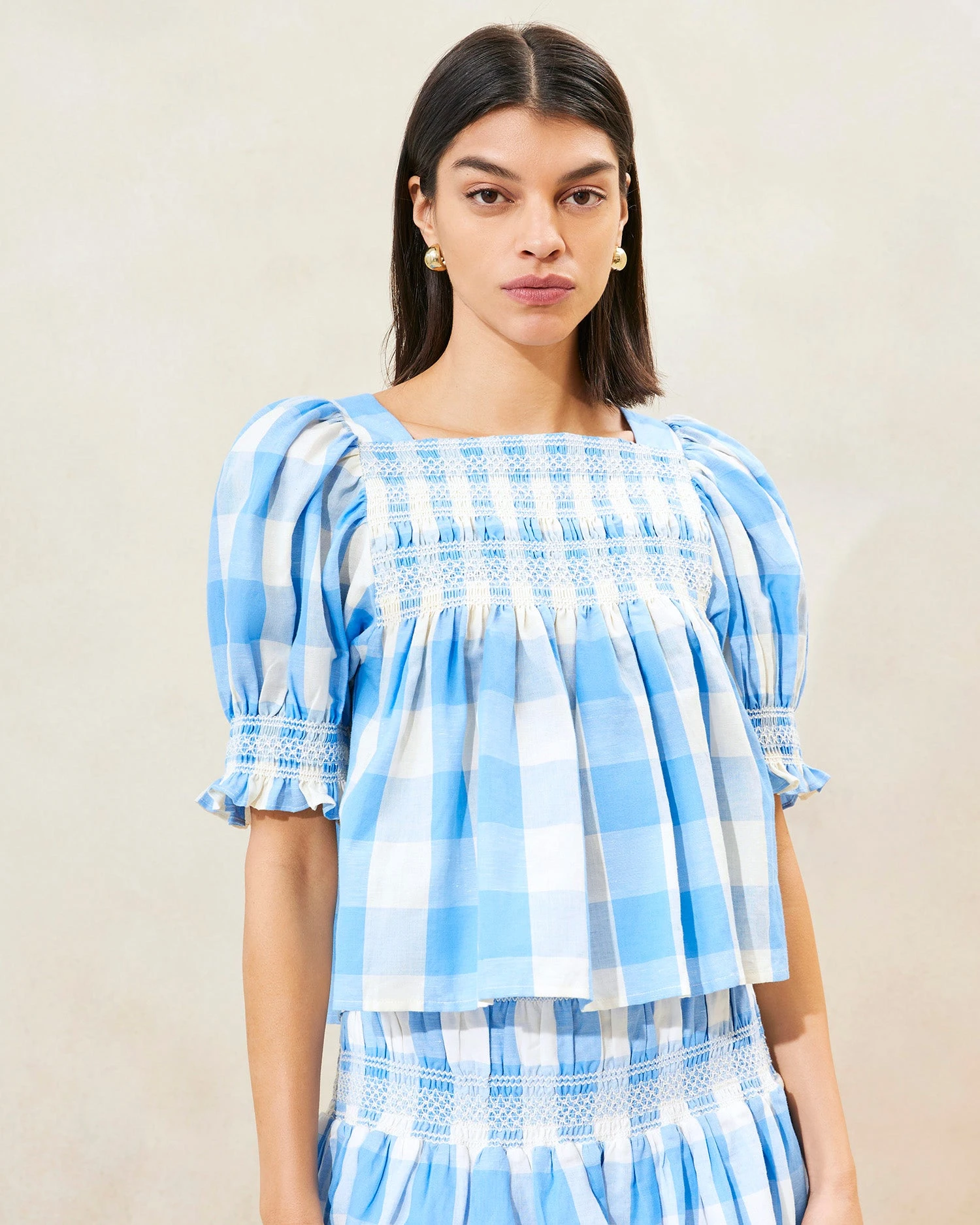 Loeffler Randall Lydie Blue Gingham Smocked Top 2 Loeffler Randall Lydie Blue Gingham Smocked Top