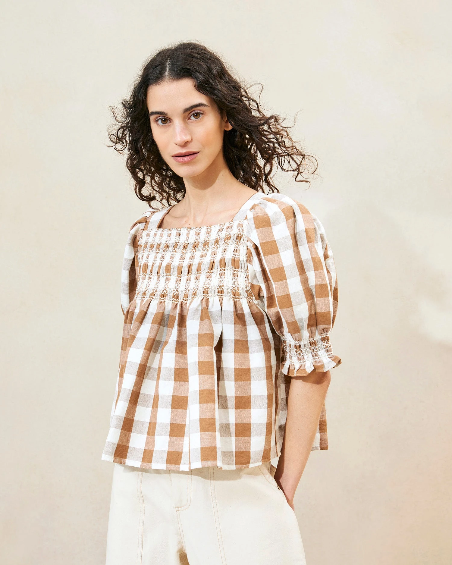 Loeffler Randall Lydie Brown Gingham Smocked Top 3 Loeffler Randall Lydie Brown Gingham Smocked Top