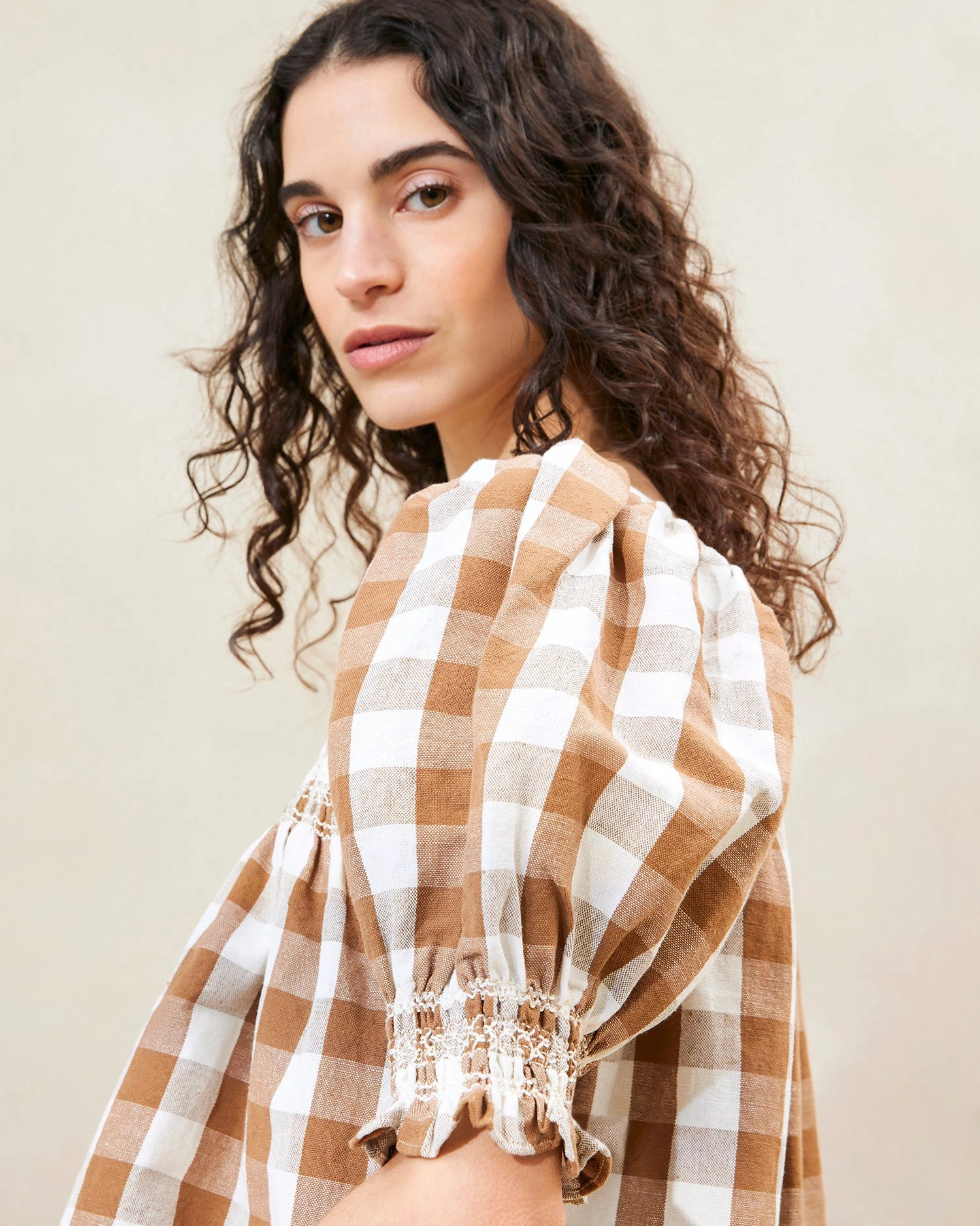 Loeffler Randall Lydie Brown Gingham Smocked Top 4 Loeffler Randall Lydie Brown Gingham Smocked Top - Image 2