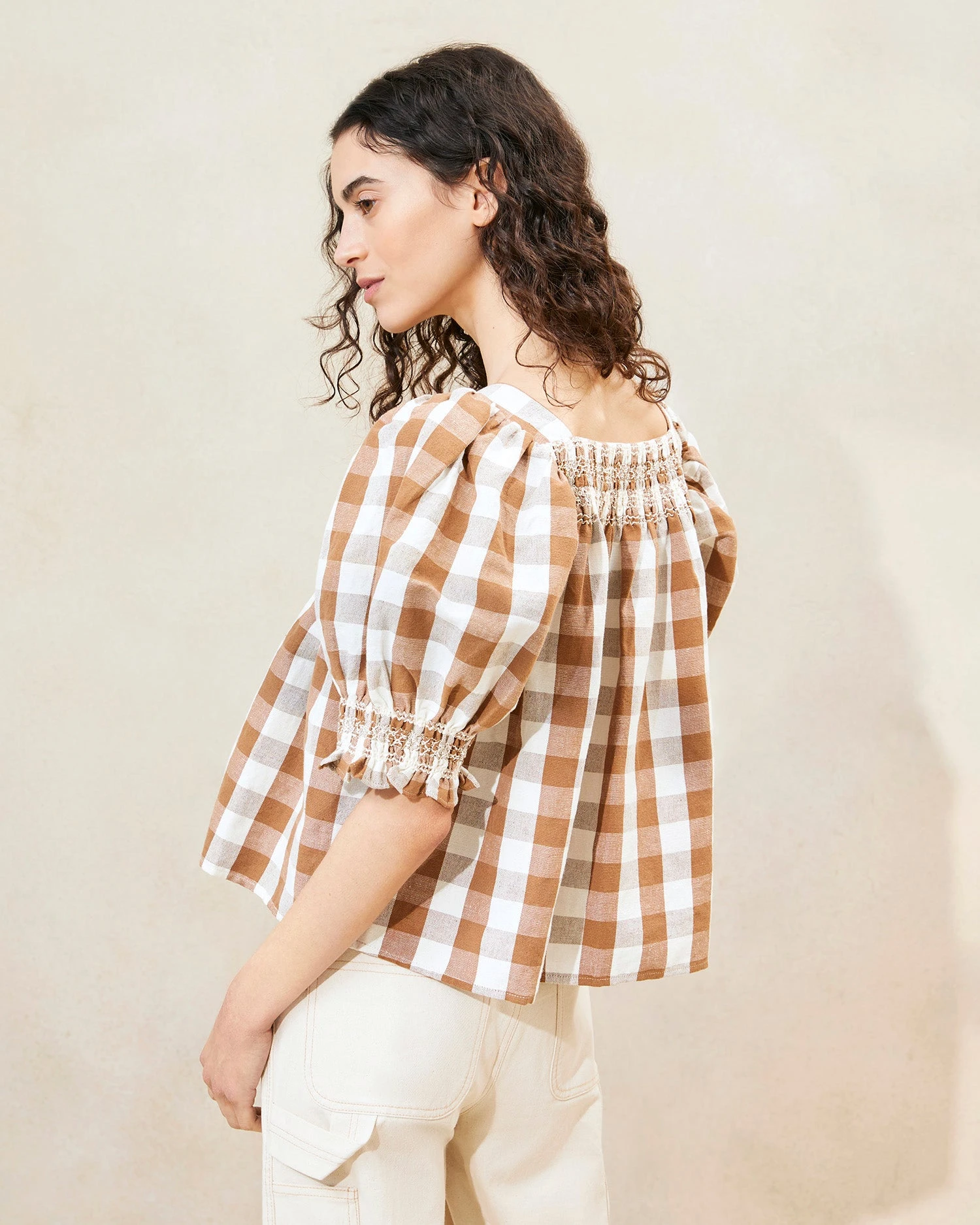 Loeffler Randall Lydie Brown Gingham Smocked Top 5 Loeffler Randall Lydie Brown Gingham Smocked Top - Image 3