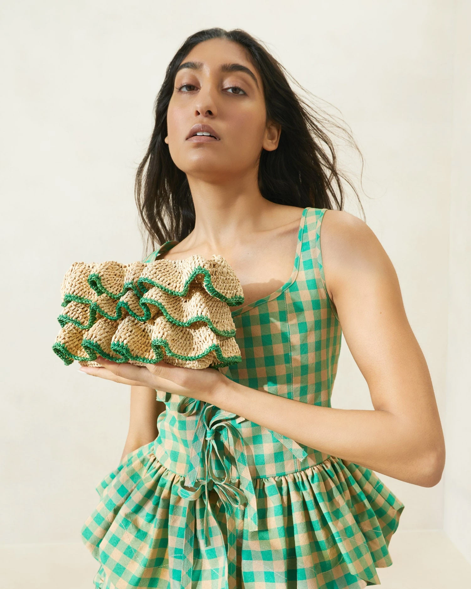 Loeffler Randall Odette Natural/Green Ruffle Clutch 7 Loeffler Randall Odette Natural/Green Ruffle Clutch - Image 5