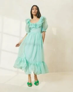 Loeffler Randall Shannon Seafoam Ruffled Puff-Sleeve Dress