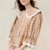 Loeffler Randall Tamar Tan/Plaid Crochet-Collar Blouse 1 Loeffler Randall Tamar Tan/Plaid Crochet-Collar Blouse -Loeffler Randall TAMAR TA TCRPD 1