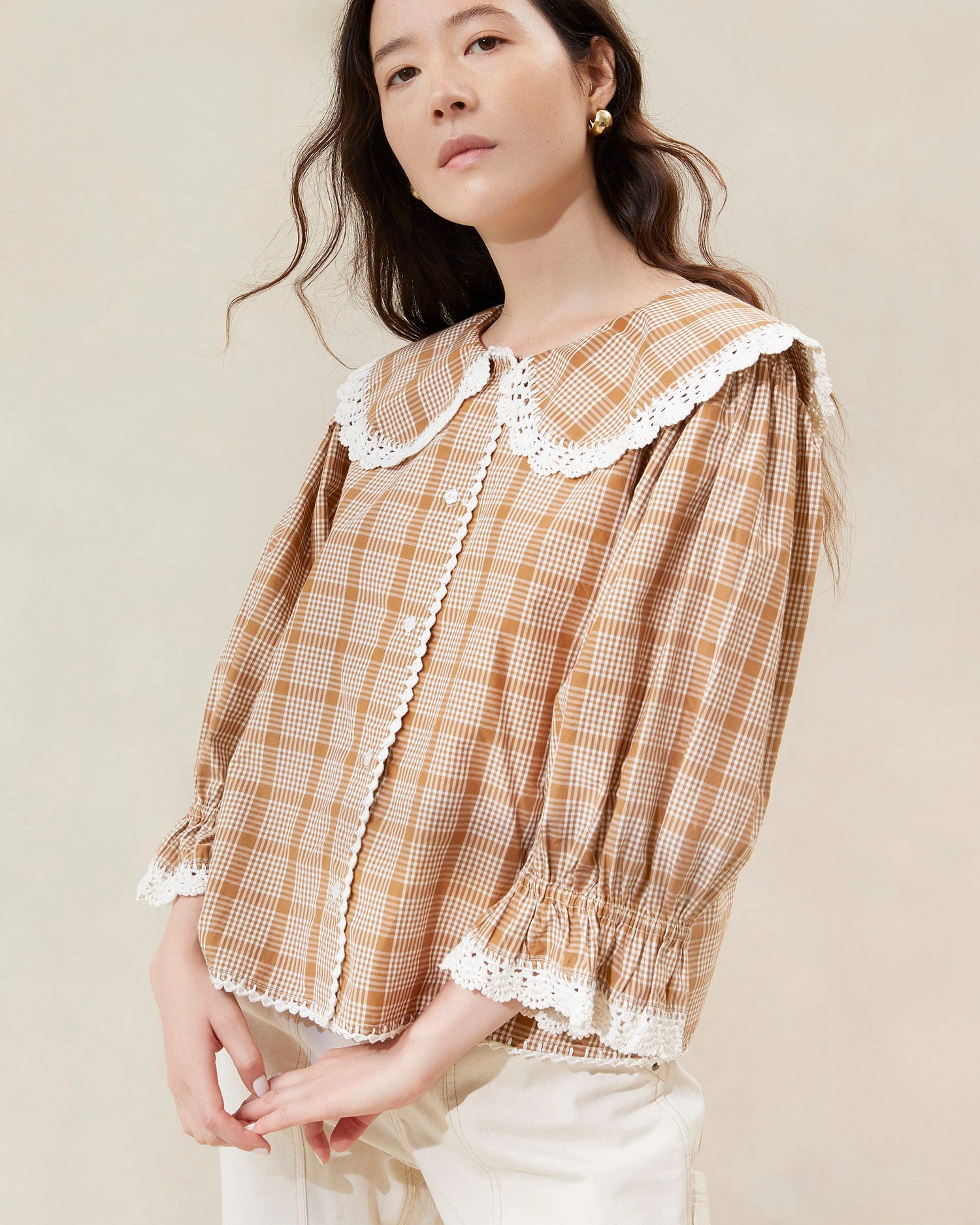 Loeffler Randall Tamar Tan/Plaid Crochet-Collar Blouse 3 Loeffler Randall Tamar Tan/Plaid Crochet-Collar Blouse