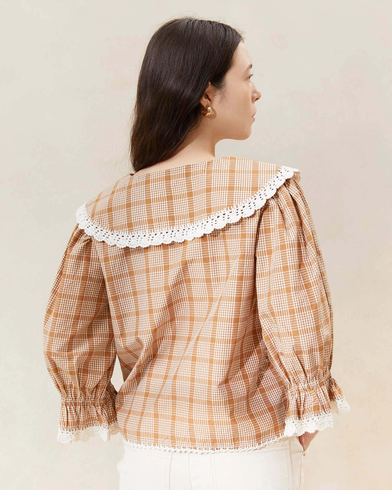 Loeffler Randall Tamar Tan/Plaid Crochet-Collar Blouse 5 Loeffler Randall Tamar Tan/Plaid Crochet-Collar Blouse - Image 3