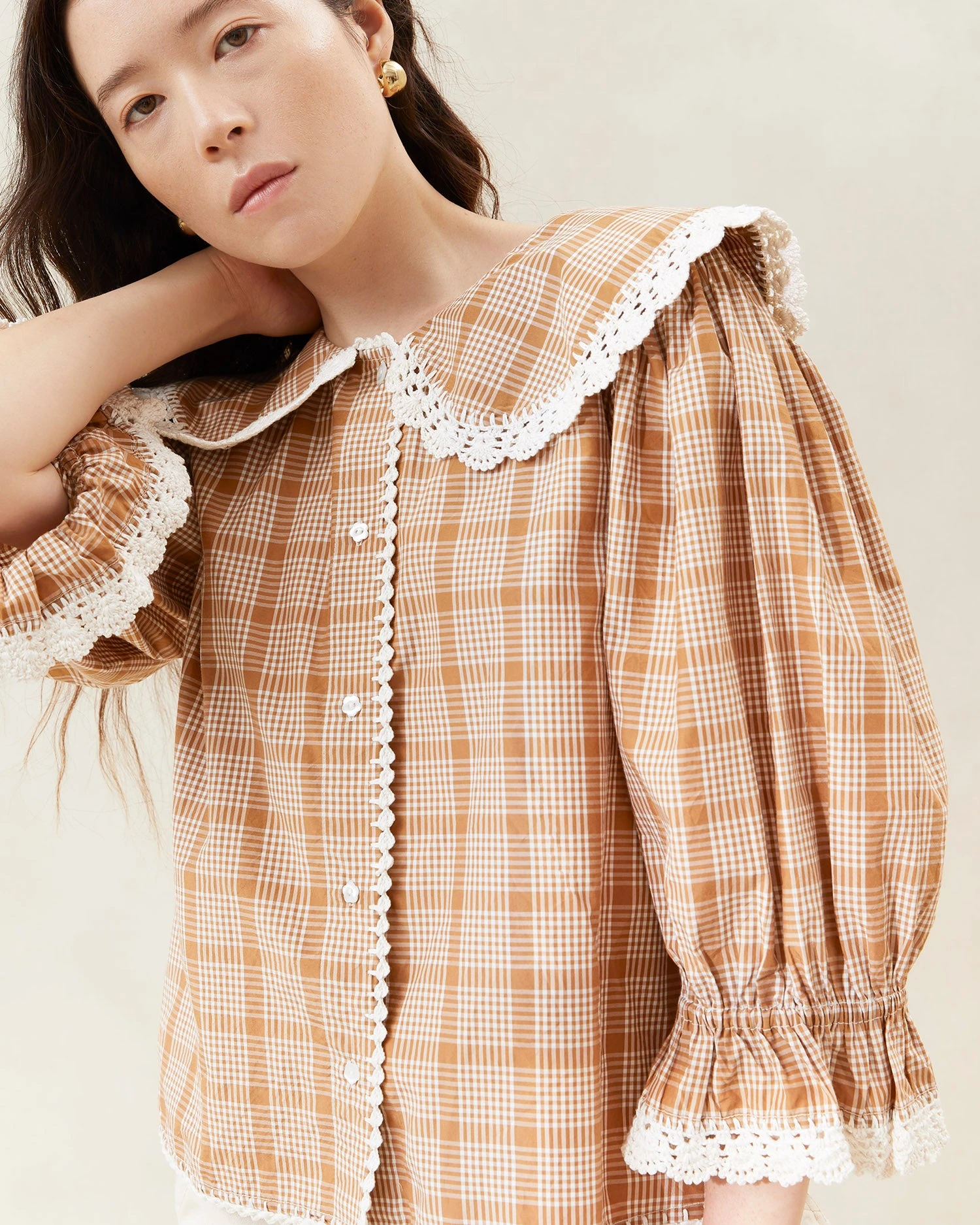 Loeffler Randall Tamar Tan/Plaid Crochet-Collar Blouse 4 Loeffler Randall Tamar Tan/Plaid Crochet-Collar Blouse - Image 2